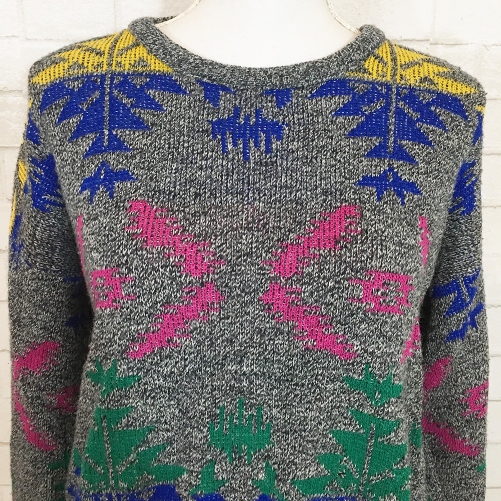 80s Vintage Gray Multi Color Patterned Slouchy Cozy Patterned Sweater - Picture 2 of 6